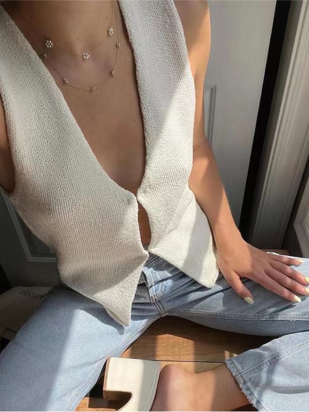 Rumored Cream Sleeveless Knit Plunge Tank